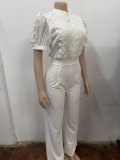 Women Casual Striped Lace Patchwork Short-Sleeve Wide-Leg Jumpsuit