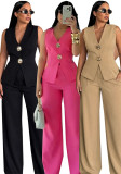 Women Elegant Gold Button Vest and Wide-Leg Pants Two-Piece Set