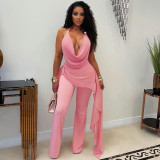 Women Summer Chiffon Patchwork Halter Neck Lace-Up Jumpsuit