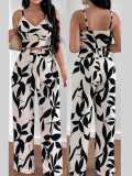 Women Summer Printed Top and Tie-up Wide-Leg Pants Two-piece Set