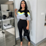 Women Casual Color Block Round Neck Top and Pant Two-Piece Set