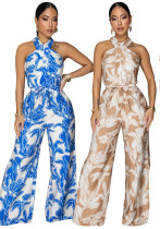 Women Halter Neck Sleeveless Printed Jumpsuit with Belt Women Halter Neck Sleeveless Printed Jumpsuit with Belt