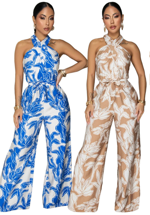 Women Halter Neck Sleeveless Printed Jumpsuit with Belt