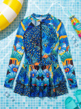 Women Bikini Mesh Patchwork Zipper Printed One-Piece Swimwear