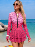 Women Bikini Mesh Patchwork Zipper Printed One-Piece Swimwear