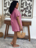 Women Denim Turndown Collar Bow Dress