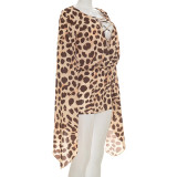 Women Summer Sexy Leopard Print Lace-Up V-Neck Flowy Mini Dress