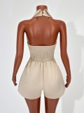 Women V-Neck Lace-Up Halter Neck Turndown Collar Wide-Leg Jumpsuit
