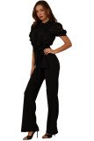 Women Casual Striped Lace Patchwork Short-Sleeve Wide-Leg Jumpsuit