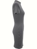 Women Short-Sleeved Bodycon Dress with Zippered Neckline