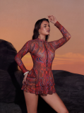 Women Bikini Mesh Patchwork Zipper Printed One-Piece Swimwear