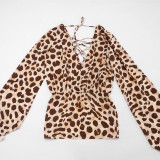 Women Summer Sexy Leopard Print Lace-Up V-Neck Flowy Mini Dress