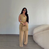 Women Elegant Gold Button Vest and Wide-Leg Pants Two-Piece Set