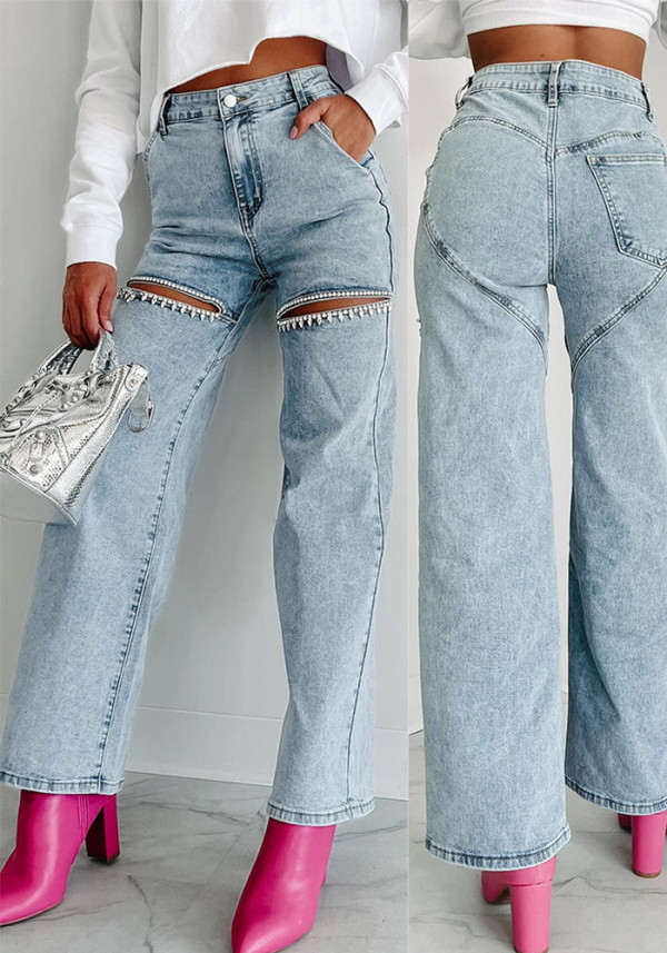 Women Chain Washed Ripped Denim Pant
