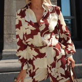 Women Casual Summer Printed Long-Sleeved Top and Shorts Two-Piece Set