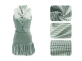 Women Turndown Collar Striped Sleeveless Vest and Tulip Skirt Two-Piece Set
