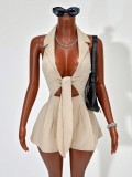Women V-Neck Lace-Up Halter Neck Turndown Collar Wide-Leg Jumpsuit
