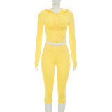 Women Hooded Long-Sleeved Zipper Top and Gathered Three-Piece Pants Two-Piece Set