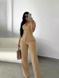 Women Elegant Gold Button Vest and Wide-Leg Pants Two-Piece Set
