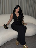 Women Elegant Gold Button Vest and Wide-Leg Pants Two-Piece Set