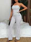 Women Striped Sexy Backless Tie-up Top and Pants Two-piece Set