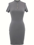Women Short-Sleeved Bodycon Dress with Zippered Neckline