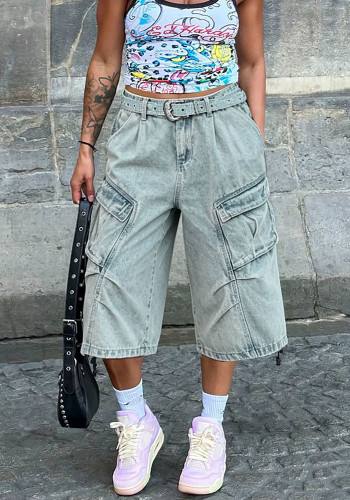 Streetwear Multi-Pocket Washed Cargo Denim Pants