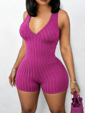 Women's Sleeveless Solid Color Fashion One-Piece Sexy Deep V-Neck Slim Fit Stretch Bodycon Short Jumpsuit