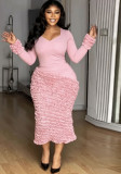 Solid Color U-Neck Long Sleeve Textured Pleated Slim Fit Bodycon Midi Dress