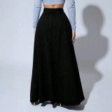 Black High Waist Loose A-line Denim Skirt