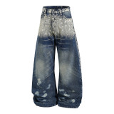 Streetwear Metal Eyelet Ink Splash Denim Pants