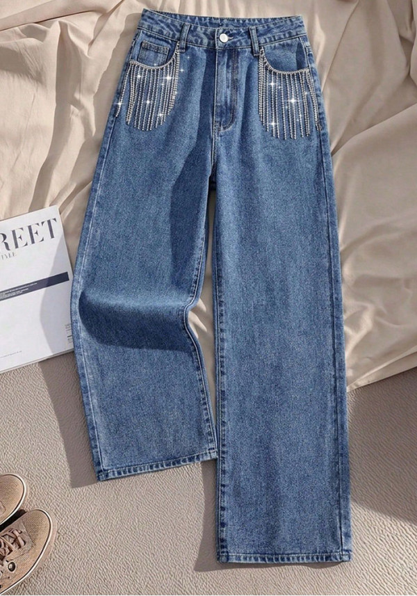 Women's High Waist Fashion Rhinestone Long Denim Jeans