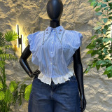 Women's Summer Fashion Trendy Striped Beaded Patchwork Short Sleeve Shirt