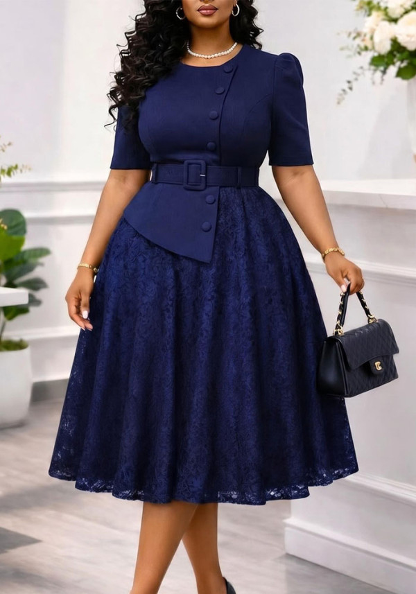 Women's Summer Plus Size Fashion Lace Patchwork Fake Two-Piece Dress