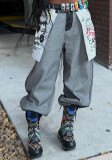 Streetwear Unique Inside-Out Big Pocket Printed Denim Pants