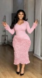 Solid Color U-Neck Long Sleeve Textured Pleated Slim Fit Bodycon Midi Dress