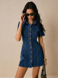 Women's Solid Color Denim Turndown Collar Metal Button Slim Waist Casual Short Sleeve Dress