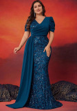 Plus Size Elegant Sequin V-Neck Short Sleeve Mother of the Bride Cocktail Party Prom Gown（Processing time need 3-6 days）