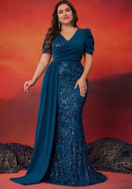 Plus Size Elegant Sequin V-Neck Short Sleeve Mother of the Bride Cocktail Party Prom Gown(Processing time need 3-6 days) Plus Size Elegant Sequin V-Neck Short Sleeve Mother of the Bride Cocktail Party Prom Gown(Processing time need 3-6 days)