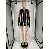 Women's Sexy Fashion Sleeve Cover Zipper Solid Casual 2-Piece Shorts Set