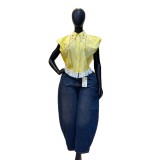 Women's Summer Fashion Trendy Striped Beaded Patchwork Short Sleeve Shirt