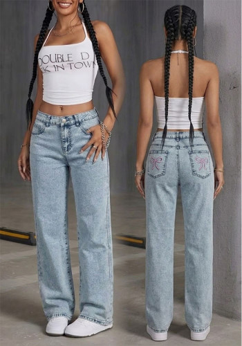 Summer Light Blue Low Waist Loose Straight Denim Long Pants