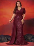 Plus Size Elegant Sequin V-Neck Short Sleeve Mother of the Bride Cocktail Party Prom Gown（Processing time need 3-6 days）