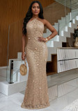 Sequin Halter Neck Lace-Up Low Back Shell Decorated Formal Evening Dress