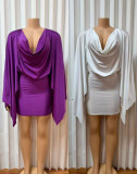 Solid Color Sexy Deep V-Neck Cowl Neck Wide Sleeve Low Back Bodycon Mini Dress
