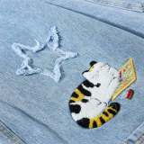 Fashion Cute Cat Embroidered Multi-Pocket Denim Pants
