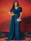Plus Size Elegant Sequin V-Neck Short Sleeve Mother of the Bride Cocktail Party Prom Gown（Processing time need 3-6 days）