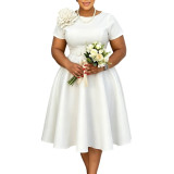 Women's Plus Size High Waist Round Neck Floral A-Line Solid African Dress
