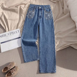 Women's High Waist Fashion Rhinestone Long Denim Jeans