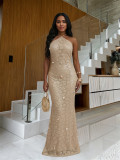 Sequin Halter Neck Lace-Up Low Back Shell Decorated Formal Evening Dress